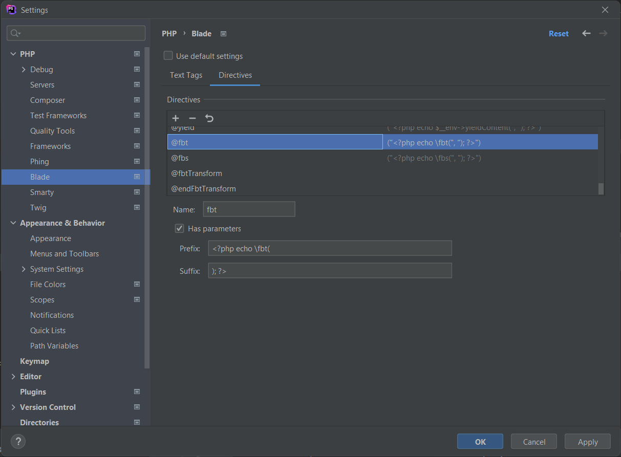 Blade directives settings in PhpStorm